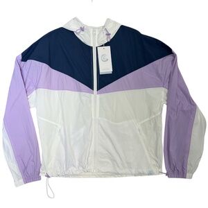 Calme Jacket Windbreaker Womens Purple White Navy M Hooded Full Zip Zip Pockets